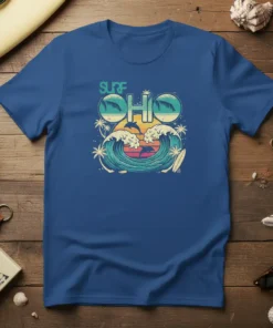 Surf OH vintage graphic t-shirt featuring stylized waves, palm trees, and dolphins with "SURF OH" text