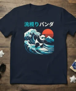 A navy blue t-shirt with a Surfing Panda design, featuring a panda on a surfboard in a Japanese wave art