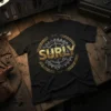 Black t-shirt featuring the Surly Bikes logo with a gear and laurel wreath design, perfect for cyclists