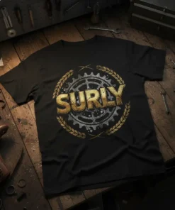 Black t-shirt featuring the Surly Bikes logo with a gear and laurel wreath design, perfect for cyclists