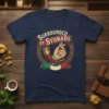 Surrounded By Stunads Italian food quote t-shirt with a graphic of a cornicello and Italian flag