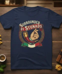 Surrounded By Stunads Italian food quote t-shirt with a graphic of a cornicello and Italian flag