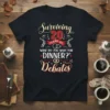 Surviving 20 Years of Dinner Debates funny anniversary t-shirt with red and white text and wedding rings graphic