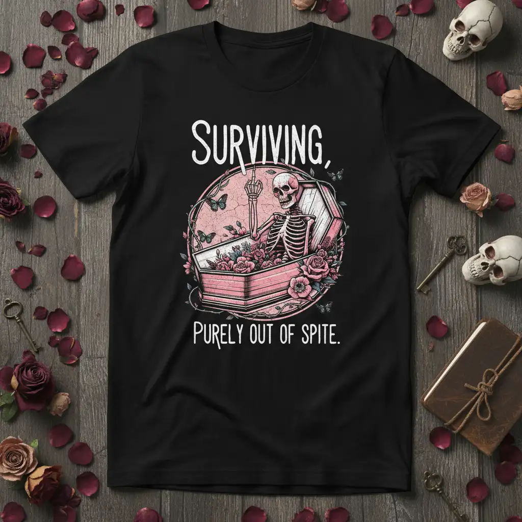 SURVIVING, PURELY OUT OF SPITE. unique artwork printed on durable material creating a standout t-shirt