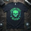 Surviving Purely Out Of Spite text with a neon green cybernetic skull graphic on a black t-shirt
