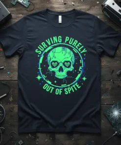 Surviving Purely Out Of Spite text with a neon green cybernetic skull graphic on a black t-shirt