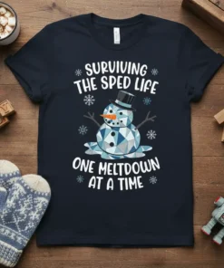 Surviving The Sped Life One Meltdown At A Time quote with a melting snowman graphic on a navy t-shirt