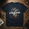 Survivor Heart T-Shirt with a mechanical heart design and the word "Survivor" in bold white text