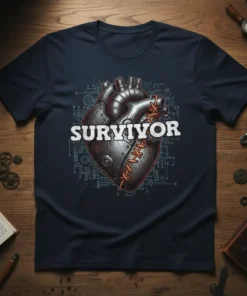 Survivor Heart T-Shirt with a mechanical heart design and the word "Survivor" in bold white text