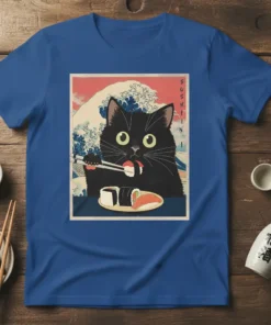 Sushi Cat Eating Sushi detailed graphic design printed on comfortable cotton t-shirt