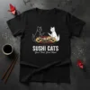 Black t-shirt with "SUSHI CATS Good Food Good Mood" design featuring two cats eating sushi