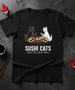 Black t-shirt with "SUSHI CATS Good Food Good Mood" design featuring two cats eating sushi