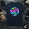 Sushi Roll neon sign graphic t-shirt design with avocado and shrimp, navy blue tee
