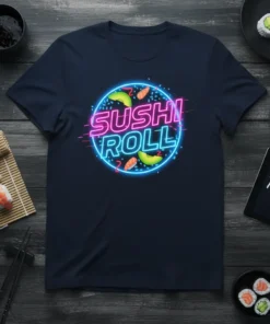 Sushi Roll neon sign graphic t-shirt design with avocado and shrimp, navy blue tee