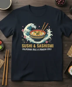 SUSHI & SASHISMI CALIFORNIA text design featuring detailed typography on quality t-shirt
