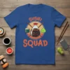 Sushi Squad t-shirt design with cute sushi roll, soy sauce bottle, and wasabi characters with chopsticks
