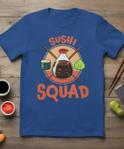 Sushi Squad t-shirt design with cute sushi roll, soy sauce bottle, and wasabi characters with chopsticks