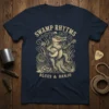 Swamp Rhythms Blues & Banjo T-Shirt design with an alligator playing a banjo and musical notes