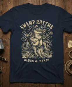 Swamp Rhythms Blues & Banjo T-Shirt design with an alligator playing a banjo and musical notes