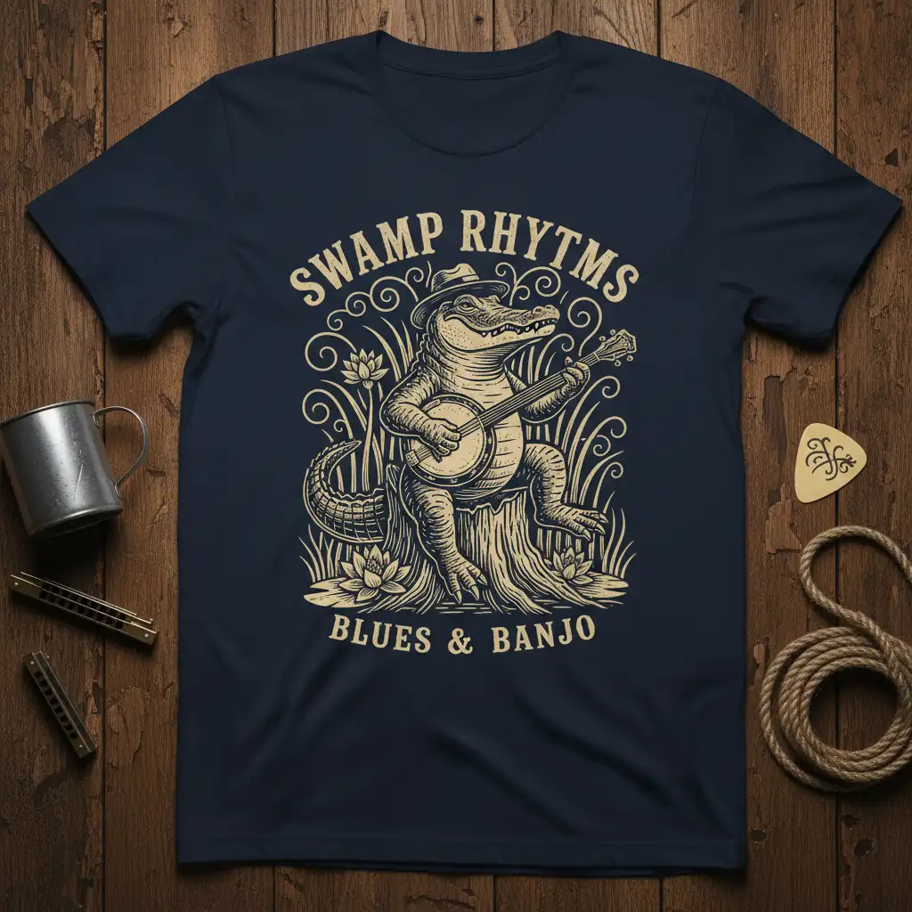 Alligator playing banjo with SWAMP RHYTHMS BLUES & BANJO text on a dark t-shirt