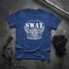 SWAT Tactical Unit design featuring shield, wings, and crossed rifles on a blue t-shirt