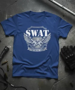 SWAT Tactical Unit design featuring shield, wings, and crossed rifles on a blue t-shirt