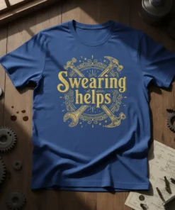 Blue t-shirt with "Swearing helps" text in gold, featuring crossed hammers and wrenches, designed for mechanics and DIY lovers