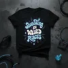 Black t-shirt featuring the bold, wavy text "Sweating in Weird Places" in light blue and white with colorful lightning bolt