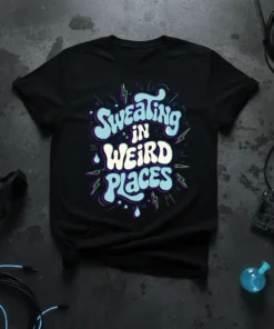 Black t-shirt featuring the bold, wavy text "Sweating in Weird Places" in light blue and white with colorful lightning bolt