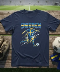Sweden soccer player kicking a ball, with the word SWEDEN in bold yellow and blue text above