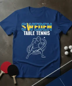 Sweden Table Tennis T-Shirt design with Swedish flag colors and a graphic of a player in action