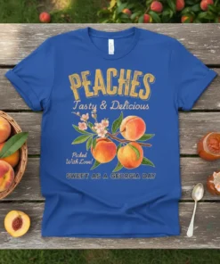 Royal blue t-shirt with "PEACHES Tasty & Delicious Picked With Love! SWEET AS A GEORGIA DAY" text and a peach