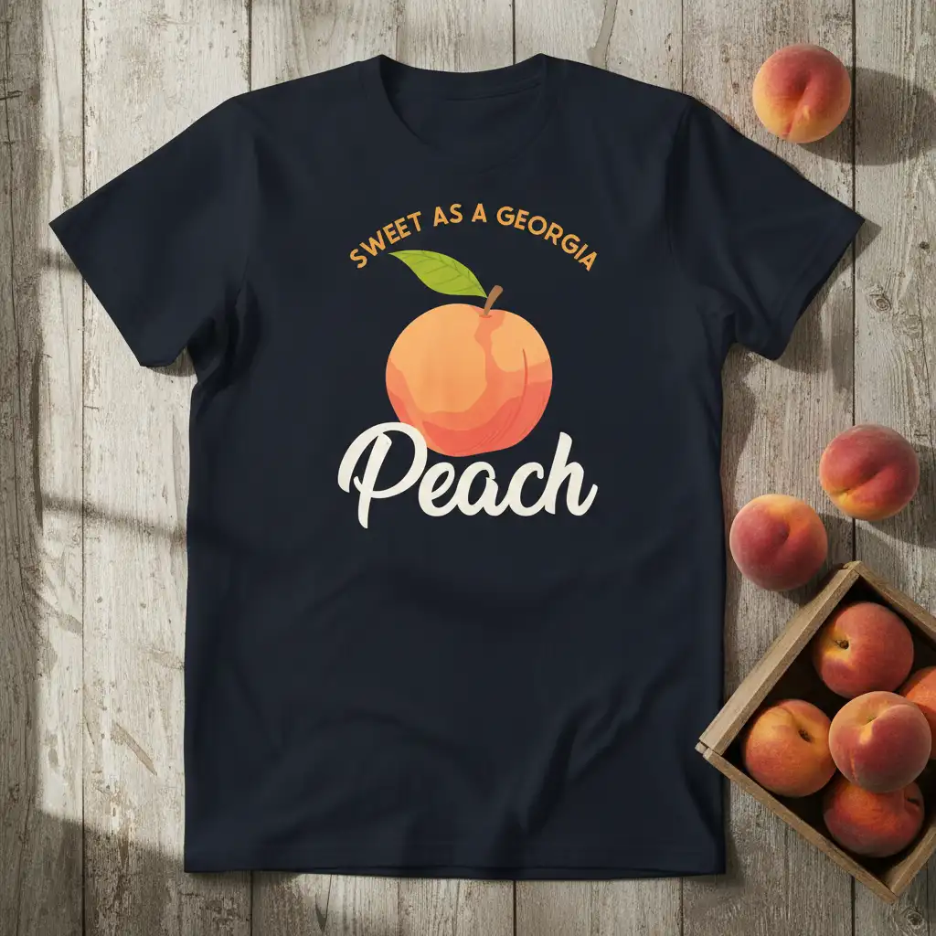 Sweet As A Georgia Peach design with a juicy peach graphic and charming typography on a navy tee