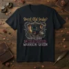 T-shirt design with text "Sweet Old lady? more like BATTLE-TESTED WARRIOR QUEEN" and a fierce black panther wearing armor