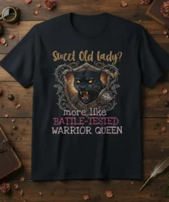 T-shirt design with text "Sweet Old lady? more like BATTLE-TESTED WARRIOR QUEEN" and a fierce black panther wearing armor