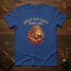 Sweet Old Lady More Like quote with a crowned roaring lion graphic on a blue t-shirt