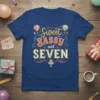 Sweet Sassy and SEVEN 7th birthday t-shirt with colorful typography and festive graphics like hot air balloons and a cake