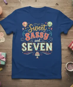 Sweet Sassy and SEVEN 7th birthday t-shirt with colorful typography and festive graphics like hot air balloons and a cake