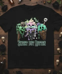 Sweet But Rotten t-shirt design with three melting ice cream cones featuring skull faces and spooky decorations