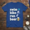 Swim Bike Run Beer T-Shirt design featuring bold white text with icons for swimming, cycling, running, and a beer mug