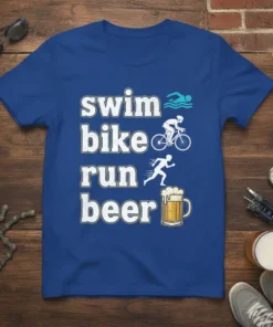 Swim Bike Run Beer T-Shirt design featuring bold white text with icons for swimming, cycling, running, and a beer mug