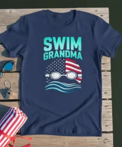 Swim Grandma t-shirt with patriotic USA flag design, swimming goggles, and wavy water graphic
