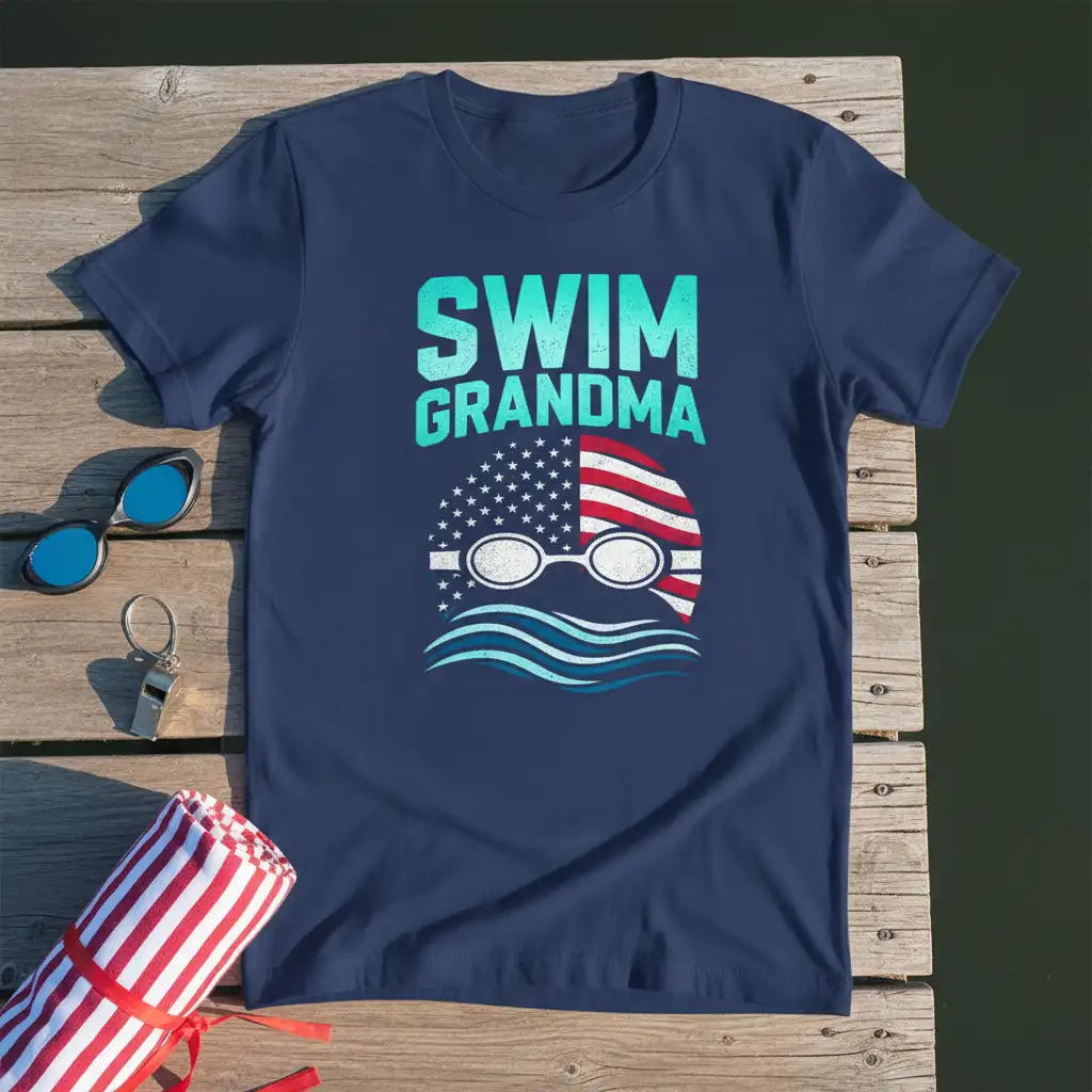 Swim Grandma patriotic t-shirt with USA flag, swimming goggles, and water design