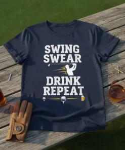 Swing Swear Drink Repeat text design with golfer graphic, golf balls, and beer mug illustration on a navy t-shirt