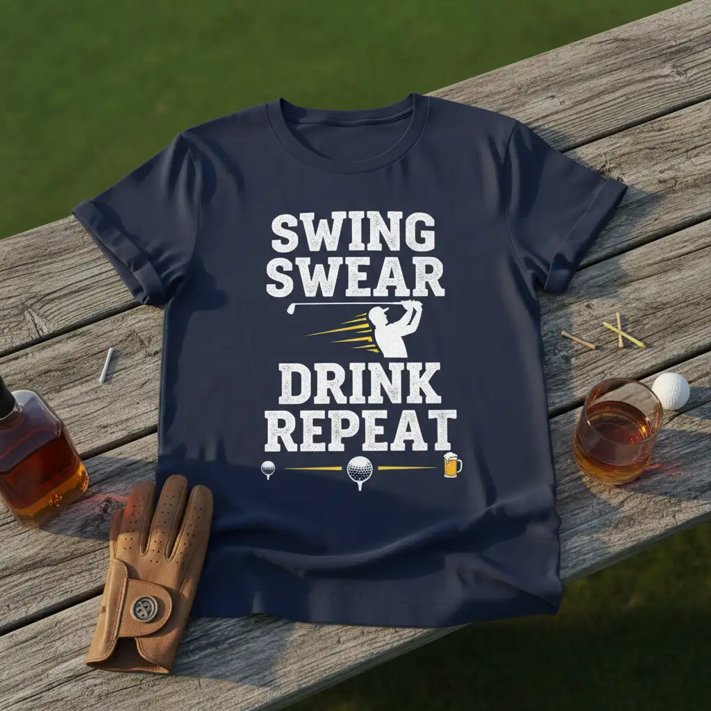 Swing Swear Drink Repeat text design with silhouette golfer, golf balls, and beer mug graphic on a navy shirt