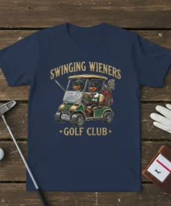 Swinging Wieners Golf Club t-shirt design featuring two dachshunds in a golf cart, with text above and below