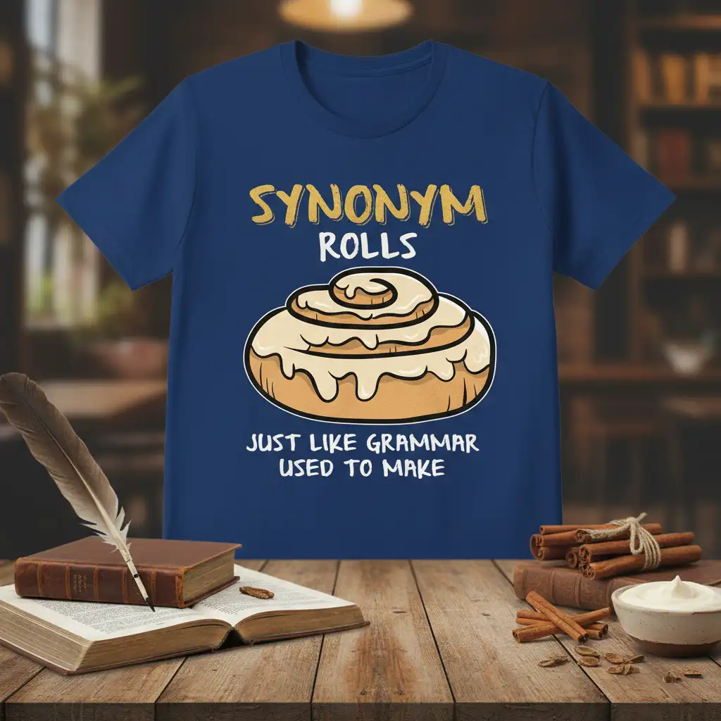 Synonym Rolls Just Like Grammar Used To Make pun design featuring a cinnamon roll graphic and witty text