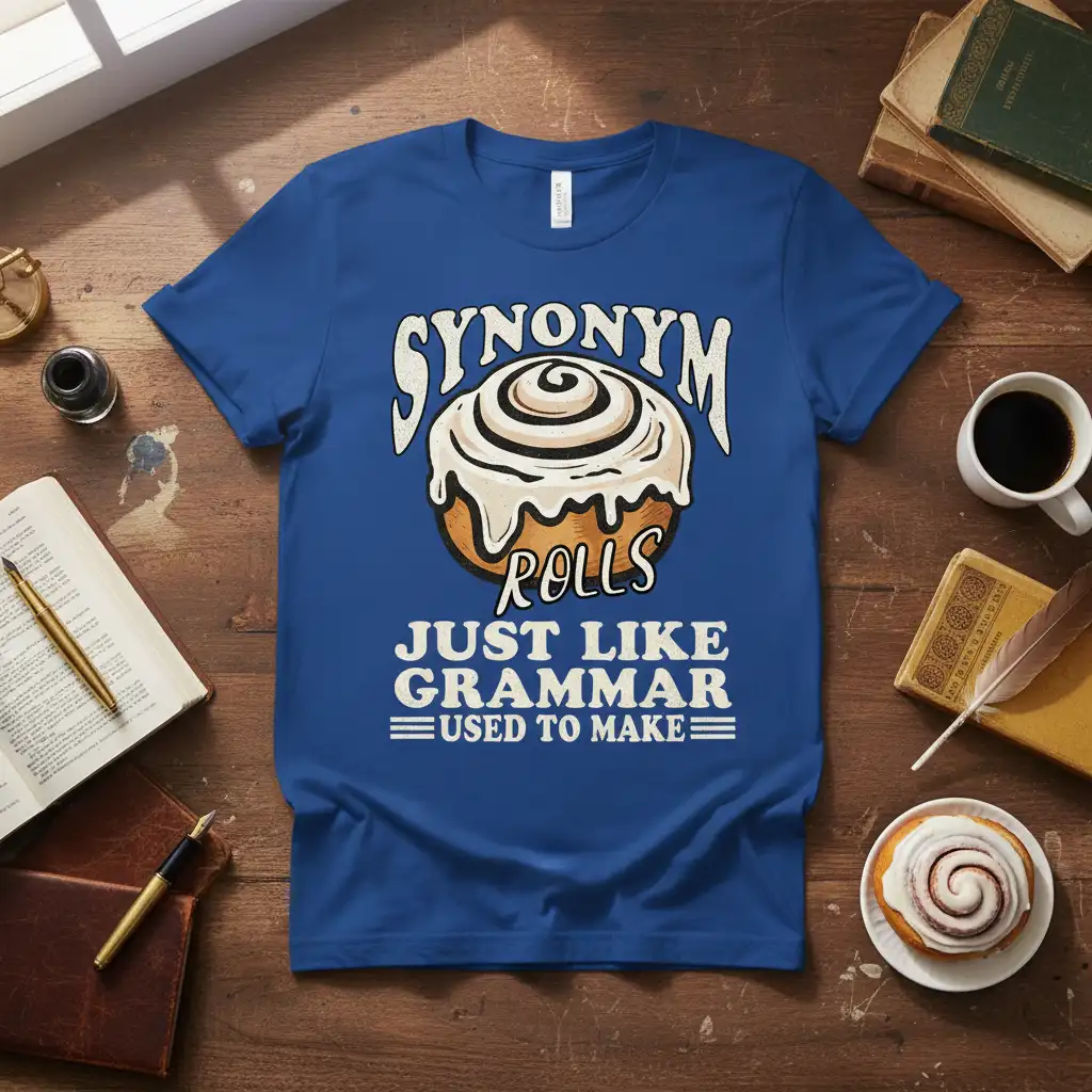 Synonym Rolls Just Like Grammar Used to Make quote on a t-shirt with a cinnamon roll graphic