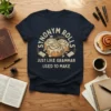 T-shirt design featuring the text "Synonym Rolls Just Like Grammar Used To Make" with illustrations of cinnamon rolls and open