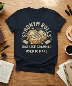 T-shirt design featuring the text "Synonym Rolls Just Like Grammar Used To Make" with illustrations of cinnamon rolls and open